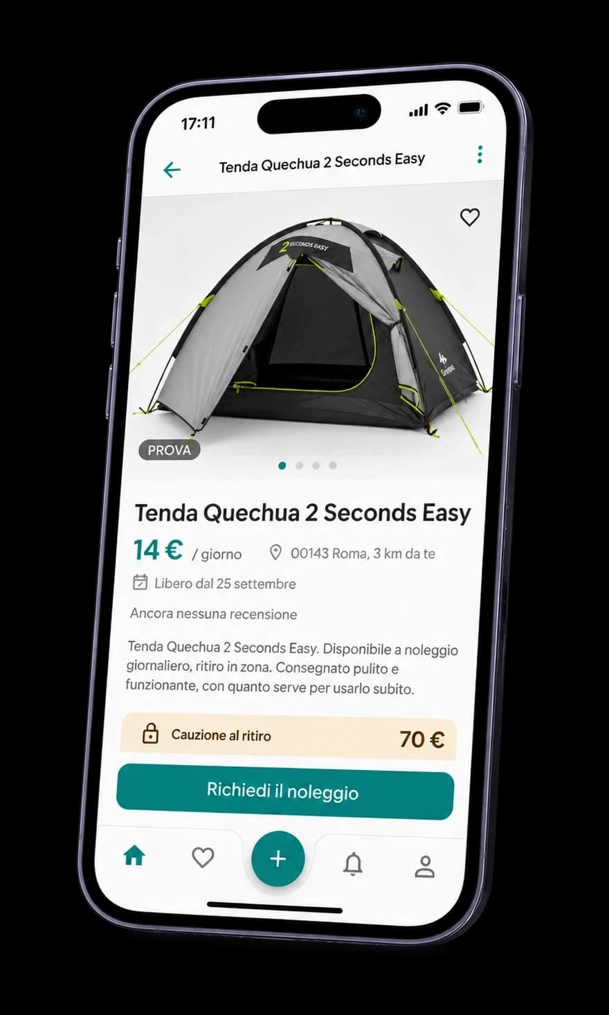 Annuncio nell'app Coqudo: una tenda a quattordici euro al giorno, a tre chilometri, con la cauzione indicata e il pulsante per richiedere il noleggio